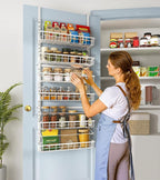 Over The Door Pantry Organizer, Wall Mount Spice Rack, Pantry Hanging Storage and Organization, 6 Adjustable Baskets Heavy-Duty Metal for Home & Kitchen, Back of Door Seasoning Rack - White