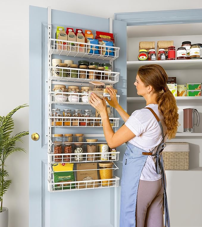 Over The Door Pantry Organizer, Wall Mount Spice Rack, Pantry Hanging Storage and Organization, 6 Adjustable Baskets Heavy-Duty Metal for Home & Kitchen, Back of Door Seasoning Rack - White