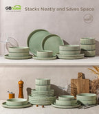 GBHOME 18-Piece Stoneware Dinnerware Set for 6 – Ribbed Ceramic Plates and Bowls, Scratch-Resistant, Microwave & Dishwasher Safe, Reactive Glaze, Light Green