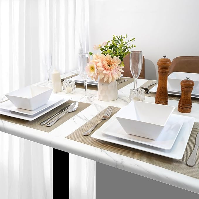 TP 12-Piece Melamine Dinnerware Sets, Plates and Bowls Dishes Set for 4, Break-Resistant & Non-Microwavable, Lightweight Square Dinner Plates, White