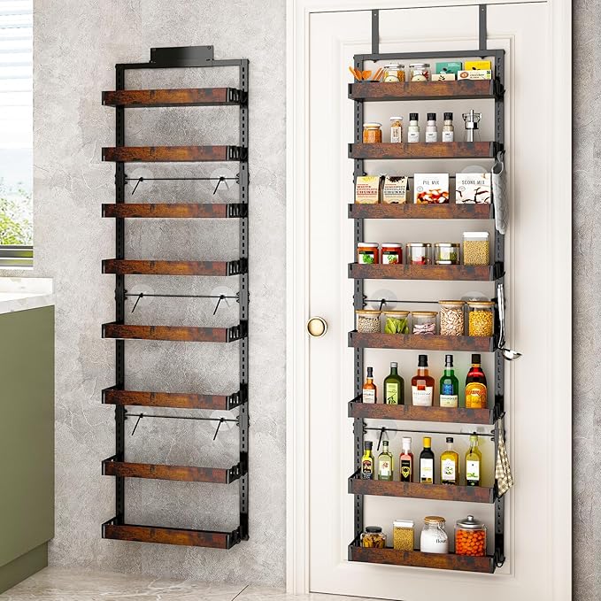 bukfen Over the Door Pantry Organizer, 8-Tier Adjustable Wooden Basket Kitchen Pantry Door Organization and Storage, 2 in 1 Wall Mount or Hanging Heavy-Duty Metal Hanging Kitchen Spice Rack, 1 Pack