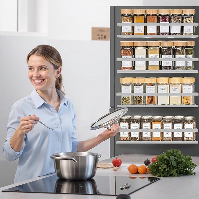 Magnetic Spice Rack for Refrigerator Seasoning Organizer for Spice Fridge Shelf storage Magnetic Shelf with Hook for Oven(6pack) (4Pack-Cut out-grey)