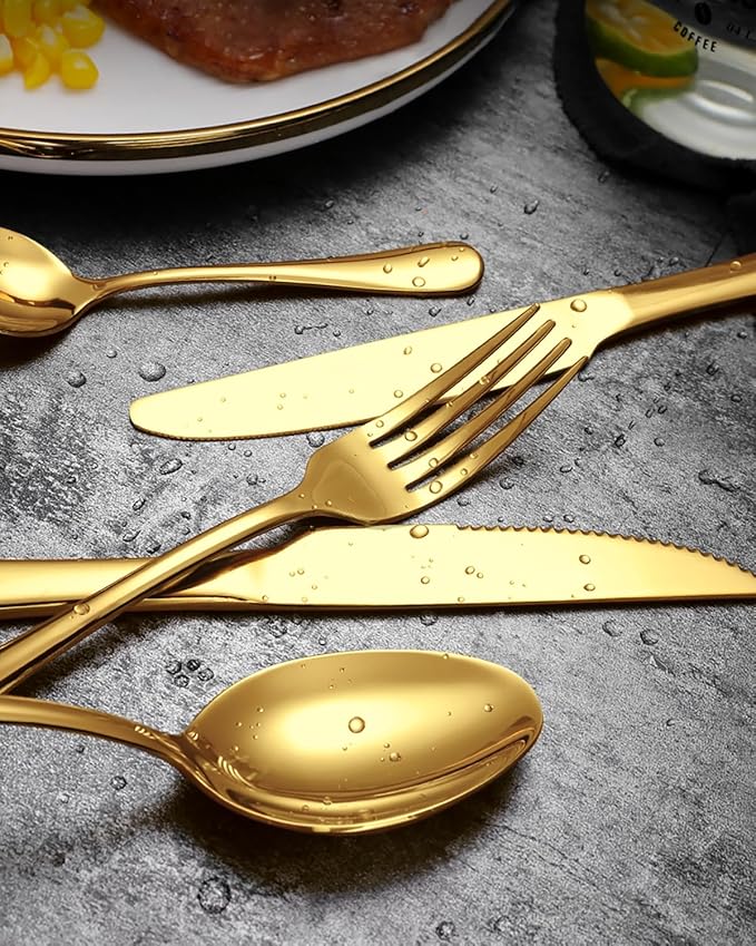 EUIRIO 40Pcs Gold Silverware Set, Stainless Steel Flatware Cutlery Set Service for 8, Mirror Polished Gold Utensils Set Include Forks Spoons Knives for Home, Wedding, Restaurant, Dishwasher Safe