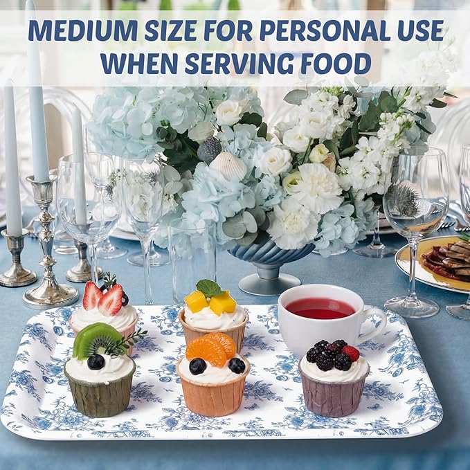 Vesici 3 Pcs Blue Floral Serving Trays 13 x 10 Inch Blue Chinoiserie Flower Melamine Platters Reusable Rectangular Serving Dishes for Wedding Bridal Tea Party Sharing Snacks Fruit Dessert Candy