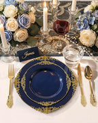 Nervure 350Pcs Blue Plastic Plates - Blue Gold Plastic Dinnerware Sets for 50 Guests - 100 Navy Gold Disposable Plates, 50 Pre Rolled Silverware, 50 Cups Perfect for Wedding & Party