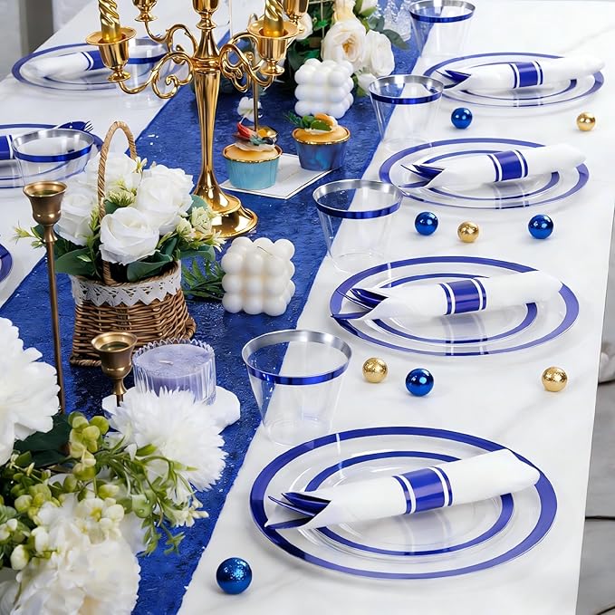 Liacere 350PCS Blue Plastic Plates - Clear with Blue Trim for 50Guests Dinnerware Include 100 Clear Plates disposable 150 Silverware 50Napkins for Wedding ＆ Graduation & Memorial Day