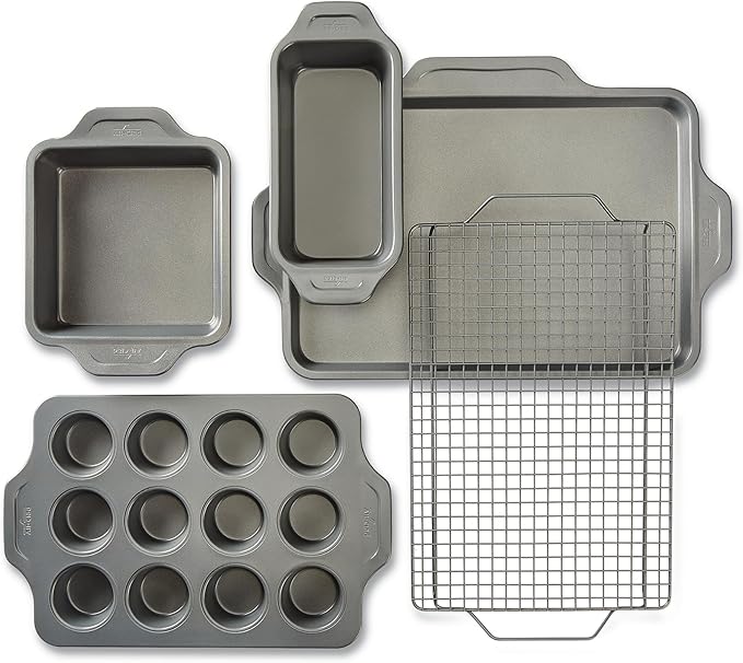 All-Clad Pro-Release Nonstick Bakeware Set 5 Piece Oven Safe 450F Half Sheet, Cookie Sheet, Muffin Pan, Cooling & Baking Rack, Round Cake Pan, Loaf Pan, Baking Pan Grey