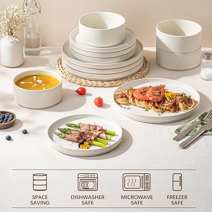Ceramic Dinnerware Sets for 4-12 Piece Plates and Bowls Set, Microwave and Dishwasher Safe Stoneware, Ribbed Dishes and 22oz Bowls, Speckled White
