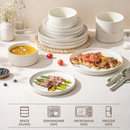 Ceramic Dinnerware Sets for 4-12 Piece Plates and Bowls Set, Microwave and Dishwasher Safe Stoneware, Ribbed Dishes and 22oz Bowls, Speckled White