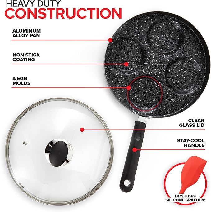 Modern Innovations 4-Cup Nonstick Egg Frying Pan with Lid, Fried Egg Pan, Omelette Pan, Mini Pancake Pan for Stove Top Gas & Electric, Small Egg Skillet, Breakfast Sandwich Maker