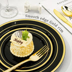 BESTVIP 600PCS Black Gold Dinnerware Set for 100 Guests, Plastic Plates for Halloween Party and Christmas, 100 Disposable Plates, 100 Dessert Plates, 100 Cups, 100 Spoons, 100 Forks and 100 Knives