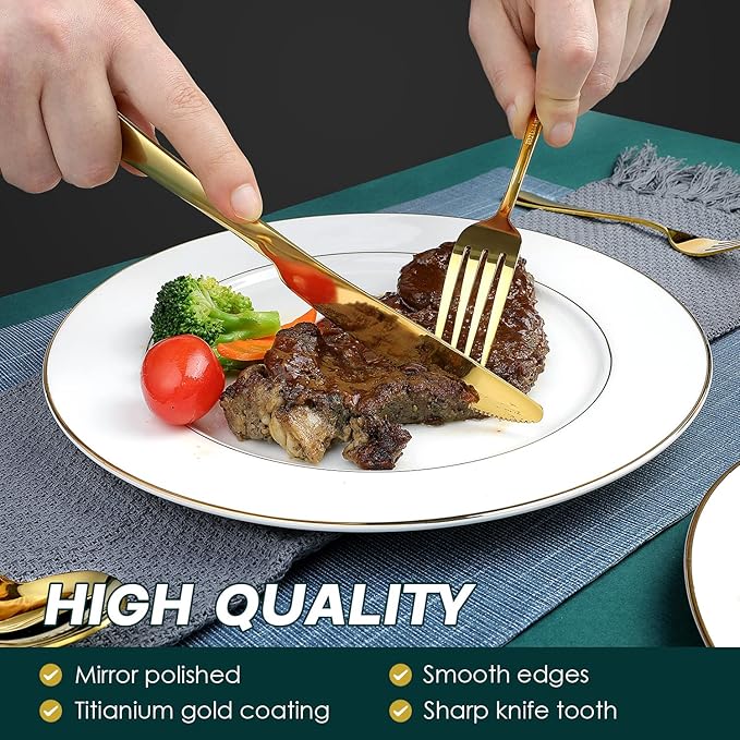 Gold Silverware Set, OGORI 30-Piece Gold Forged Stainless Steel Flatware Set, Service of 6