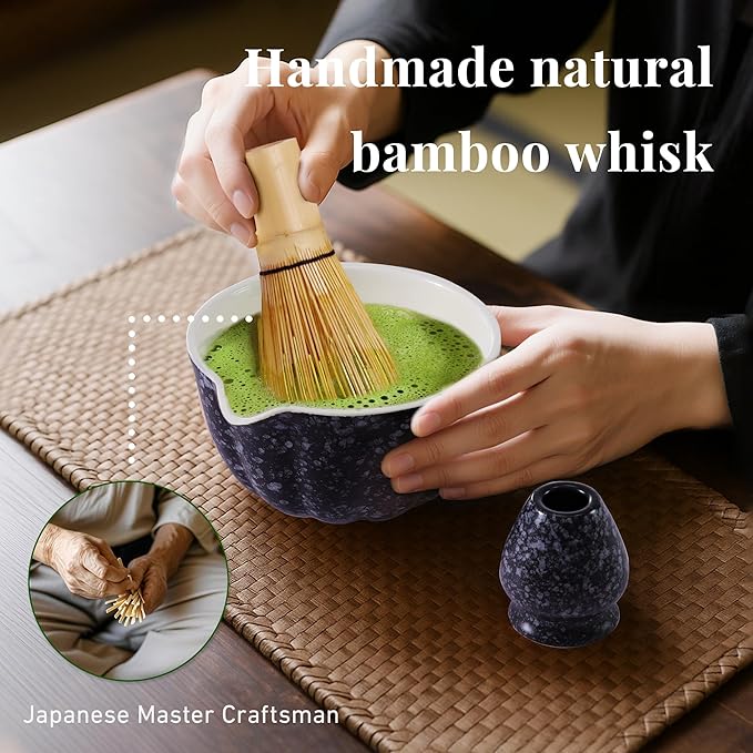 Matcha Whisk Set,7 PCS Ceramic Matcha Kit Includes Matcha Bowl with Spout, Matcha Whisk and Holder, Bamboo Scoop, Stainless Sifter, Tea Towel, Unique Gift for Matcha Lovers (Charcoal gray)