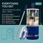 Pandaloo® Glass Cups With Lids and Straws -20 Fl Oz- Perfect Size Iced Coffee Cup - Smoothie Cup With Bamboo Lid and On the go Lid - Glass Tumbler (2 Count (Pack of 1), Galactic Blue-Coton White)