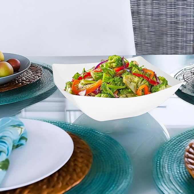 R-kay 6 Pack Square Plastic Serving Bowls - White Plastic bowls 32 Oz - White Salad Bowls Large Serving, Premium Heavy Duty For Weddings Catering And Birthday parties