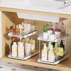 Delamu 2 Tier Bathroom Under Sink Organizers and Storage with Hook, Multi-Purpose Cabinet Drawers with Movable Dividers, Pull Out Organization for Countertop, Kitchen and Pantry(White, 2 Pack)