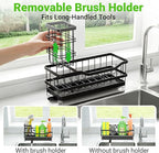 Sponge Holder for Kitchen Sink, Self-Draining Sink Caddy Organizer with Removable Brush Holder, Rustproof Metal Sponge Rack for Countertop, Fits Soap Dispenser & Scrubber, Black