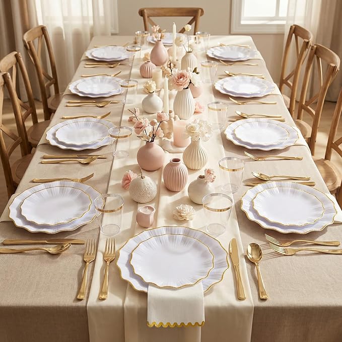 I00000 350 PCS White and Gold Plastic Plates for 50 Guests, Premium Scalloped Disposable Dinnerware Set Include: 100 Disposable Plate, 50 Napkins, 50 Cups, 50 Silverware Set for Party & Wedding
