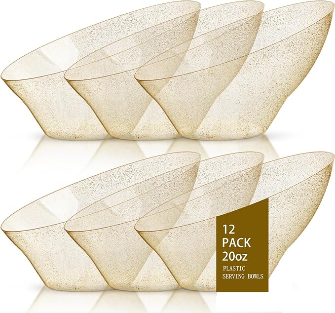 bUCLA 12 Pack Gold Glitter Plastic Serving Bowls - 20 OZ Disposable Snack, Fruit, Chip, Candy Angled Serving Bowls for Party & Thanksgiving