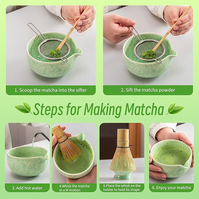 TEANAGOO Matcha Whisk Set,7 Pcs Matcha Set Green,Ceremony Matcha Kit,Matcha Tea Set for Making Latte,Ceramic Bowl(chawan) whith Spout and Whisk,Gift for Matcha Lovers