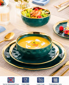 LOVECASA 12 Pieces Plates and Bowls Sets, Porcelain Green and Gold Dinnerware Sets, Round Dinner Plates Dishes Set Service for 4, Dishwasher Safe and Scratch Resistant, Green