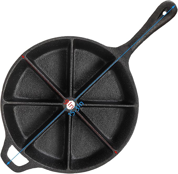 WUWEOT Cast Iron Wedge Pan, Round Corn Bread Skillet, 8-edges Biscuit Pan Mini Cake Pan with Long Handle for Scones, Corn Stick, Muffins, Cupcakes and Brownies