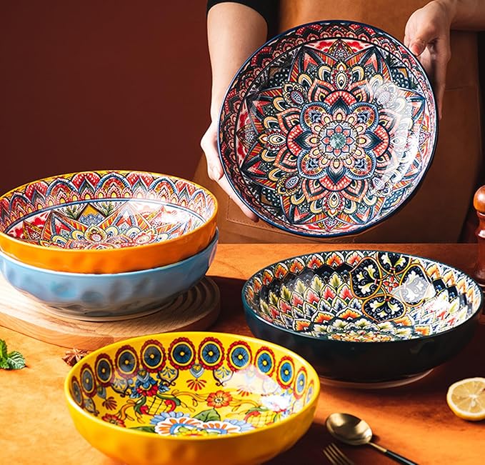 Boho Large Serving Bowls, 10.2 Inch Fruit Salad Bowls, Decorative Serving Dishes for Entertaining, 80 OZ Pasta Bowls Set of 2, Vibrant Colorful Soup Bowls for Party, Home Decor, Bohemian Style Gift
