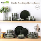GBHOME 12-Piece Stoneware Dinnerware Set for 4 – Ribbed Ceramic Plates and Bowls, Scratch-Resistant, Microwave & Dishwasher Safe, Reactive Glaze, Mossed Jade