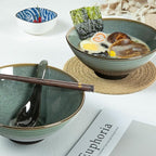 40 oz Ceramic Ramen Bowl Set of 2, Ramen Noodle Bowl with Spoons and Chopsticks 8 Inch Japanese Retro Style Large Soup, Pho, Udon Bowls, Microwave & Dishwasher Safe, Green