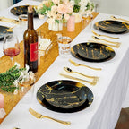 JOLLY PARTY 180PCS Disposable Dinnerware Set 30 Guest, 60 Black and Gold Plastic Plates, 30 Silverware, 30 Plastic Cups, Marble Design Dinnerware for Halloween, Wedding and Parties
