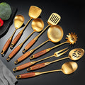 Gold Kitchen Utensils Set, 9 PCS Stainless Steel Cooking Utensils with Wood Handle, Solid and Slotted Spoon, Fork, Spatula, Ladle, Skimmer, Slotted Tunner, Spaghetti and Large Spoon