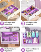 10 Pack Large Size Plastic Drawer Organizers Set, 3 Sizes Desk Drawer Organizer Trays, Storage Bins for Vanity, Makeup, Bathroom, Kitchen Utensils and Office (Purple)