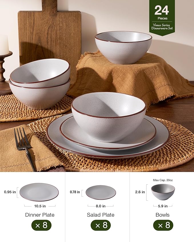 Famiware Venus Plates and Bowls Sets, 24 Pieces Stoneware Speckled Dishes Dinnerware Set for 8, Matte Light Gray - Microwave & Dishwasher Safe, Modern Minimalist, for Everyday Meals & Formal Dining