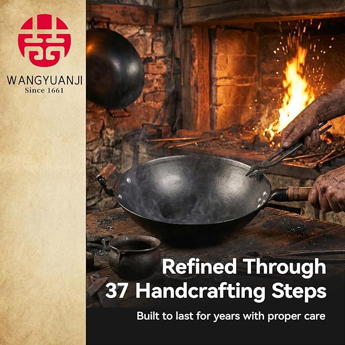 WANGYUANJI 14.17” Cast Iron Wok with Glass Lid – Traditional Round Bottom Chinese Wok for Gas Stove & Open Flame (Wok Ring Required) – Uncoated Clay-Mold “Turtle Shell” Texture – Seasoning Needed
