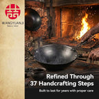 WANGYUANJI 14.17” Cast Iron Wok with Glass Lid – Traditional Round Bottom Chinese Wok for Gas Stove & Open Flame (Wok Ring Required) – Uncoated Clay-Mold “Turtle Shell” Texture – Seasoning Needed