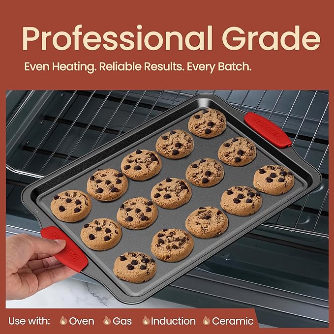 BAKKEN Kitchen Baking Pans - Medium (15.15 × 10.03") and Large (17.1 x 11.8") Nonstick Sheets, Carbon Steel Cookie Sheets with Gray Silicone Handles, PFOA, PFOS, PTFE Free, Oven Safe (450°F), Set of 2