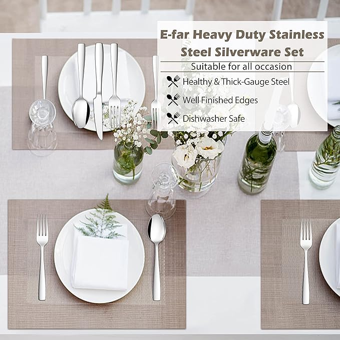 20-Piece Heavy Duty Silverware Set for 4, E-far Stainless Steel Flatware Cutlery Set, Thick Metal Tableware Eating Utensils Include Forks Spoons Knives, Square Edge & Mirror Polished, Dishwasher Safe