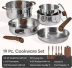 CAROTE 19pcs Stainless Steel Cookware Set with Detachable Handle, Pots and Pans Set, Induction Kitchen Cooking Sets, RV/Camping Cookware, Removable Handle, Oven Safe, Woodgrain