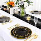 DaYammi 200Pcs Gold and Black Plastic Plates with Silverware,Black Disposable Plates for Party Black Gold Supplies Includes 40 Dinner Plate,40 Dessert Plate,40 Forks,40 Knives,40 Spoons for Party