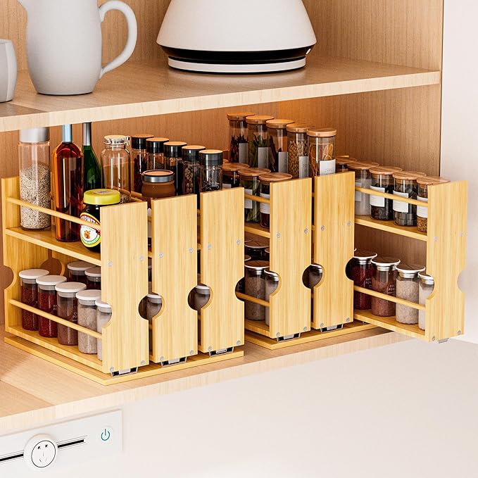 Jolitac Bamboo Pull Out Spice Rack for Cabinet, Slide Out Drawers, Space-Saving Seasoning Kitchen Pantry Sliding Vertical Organization, Easy to Install, 12.3" Wide, 4 Drawers(1.85" Wide), 2-Tier