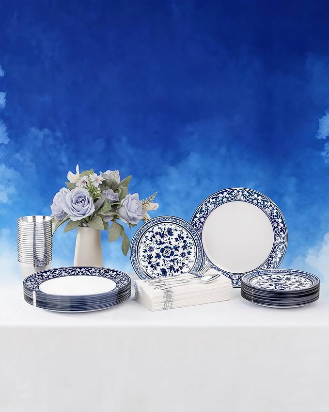 Hioasis 175PCS Blue Plastic Plates - Floral Disposable Dinnerware Set for 25 Guests, Include 50 Dinner & Dessert Plates, 75 Silver Cutlery, 25 Napkins, 25 Cups Perfect for Party (Art Style)