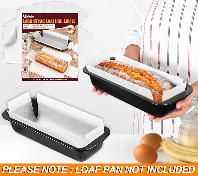 Webake Unbleached Parchment Paper Large Loaf Pan Liners for 13" x 5" Long Baking Bread, Original Precut, Non Toxic 100Pcs