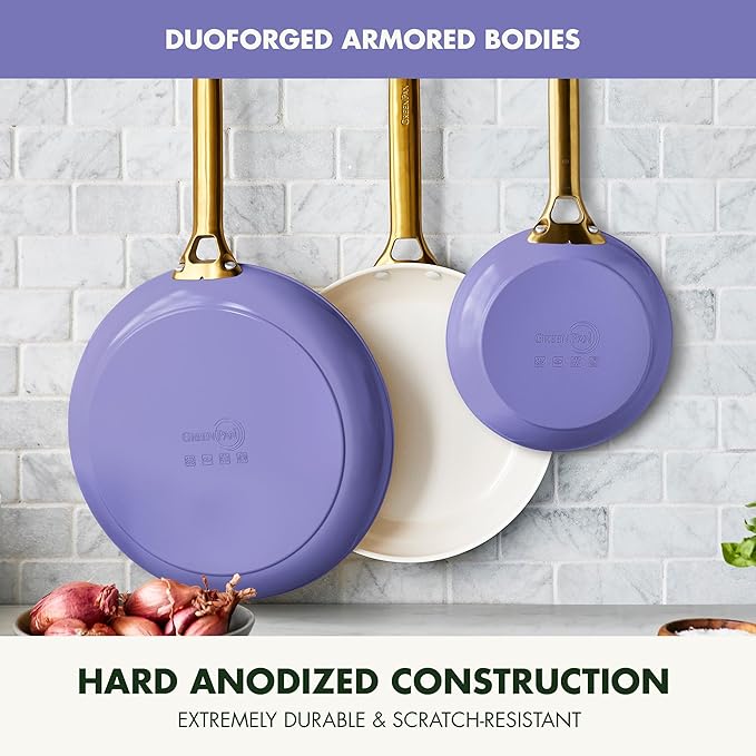 GreenPan Hard Anodized Healthy Ceramic Nonstick 8" 10" & 12" 3 Piece Frying Pan Skillet Set, Gold Handle, PFAS-Free, Dishwasher Safe, Oven Safe, Periwinkle
