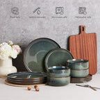 E-far Dinnerware Sets for 4, 12-Piece Stoneware Plates and Bowls Set, Ceramic Dishes Reactive Glaze Dinning Ware, Microwave & Dishwasher Safe - Obsidian Green