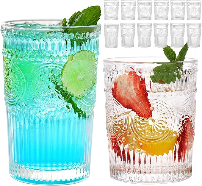 Vintage Drinking Glasses Set of 12, Textured Clear Striped Glass Cups-6 Highball Glasses 12oz & 6 Rocks Glasses 10oz, Mixed Glassware Set, Mojito Cups, Cocktail Glass, Iced Coffee Cup