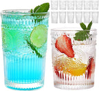 Vintage Drinking Glasses Set of 12, Textured Clear Striped Glass Cups-6 Highball Glasses 12oz & 6 Rocks Glasses 10oz, Mixed Glassware Set, Mojito Cups, Cocktail Glass, Iced Coffee Cup