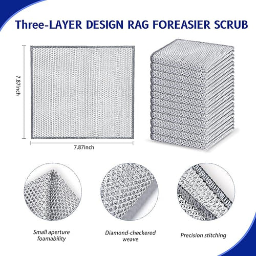24PCS 3-Layer Non-Scratch Multipurpose Steel Wire Dishcloths - Reusable Quick-Dry Odor-Free Scrub Cloths for Dishes, Kitchen Cleaning Cloths for Cookware, Sinks, Stove Tops(7.87X7.87)
