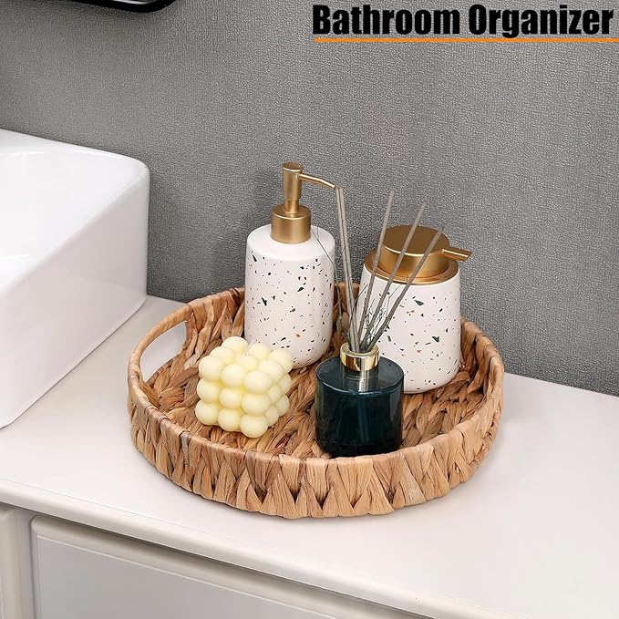 Round Woven Coffee Table Ottoman Tray with Handles - 11.8" x 1.9" Water Hyacinth Wicker Serving Tray, Decorative Storage Basket for Home & Kitchen.
