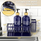 Cisily Navy Blue Kitchen Dish Soap Dispenser, 16 fl Oz Dual Kitchen Soap Dispensers with Sponge Holder, Customized Stainless Steel Kitchen Soap Dispenser Set, Modern Hand and Dish Soap Bottle Set