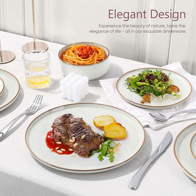 Herogo 18-Piece Stoneware Dinnerware Set for 6, Handmade Plates & Bowls with Double Reactive Glaze, Microwave and Dishwasher Safe, Scratch Resistant, Ivory White
